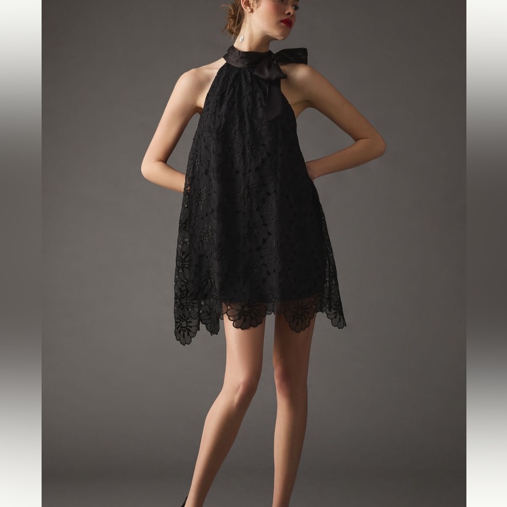 Maeve Black Lace Halter with Bow Mini Dress Only Worn Twice. - Picture 2 of 11